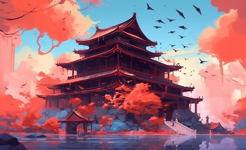 夏季秋季枫叶红色塔阁楼楼阁故宫殿堂天坛中国风国潮插画,插画/手绘图,插画/手绘图库,插画/手绘图下载,插画/手绘
